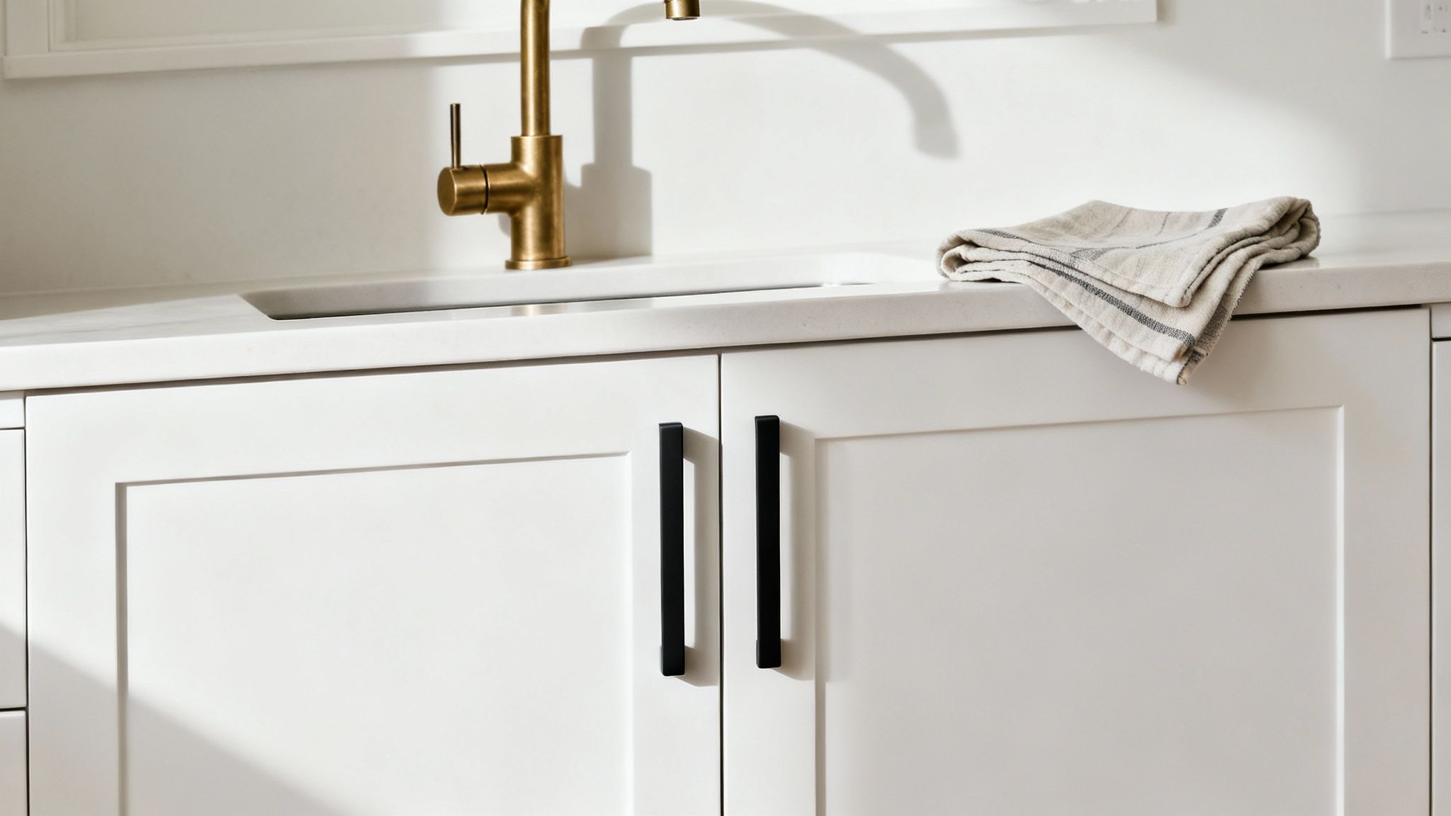 Modern white kitchen cabinet with black handles and brass faucet on clean countertop