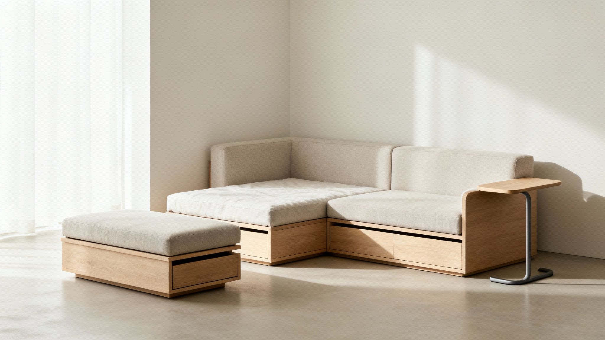 Modern minimalist beige sofa with wooden storage base and matching ottoman in sunlit room