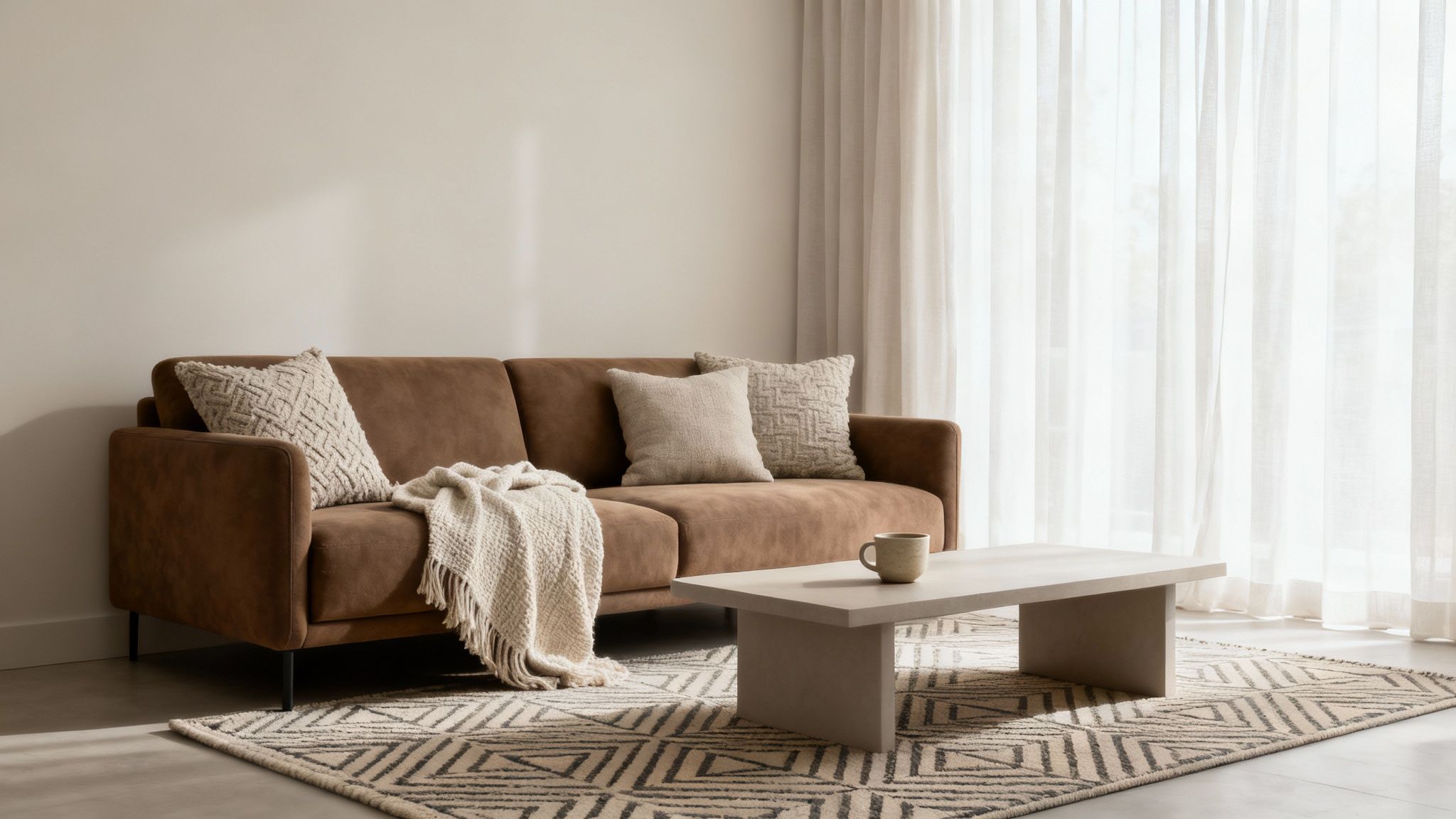 Modern minimalist living room with brown sofa, geometric rug, and neutral coffee table
