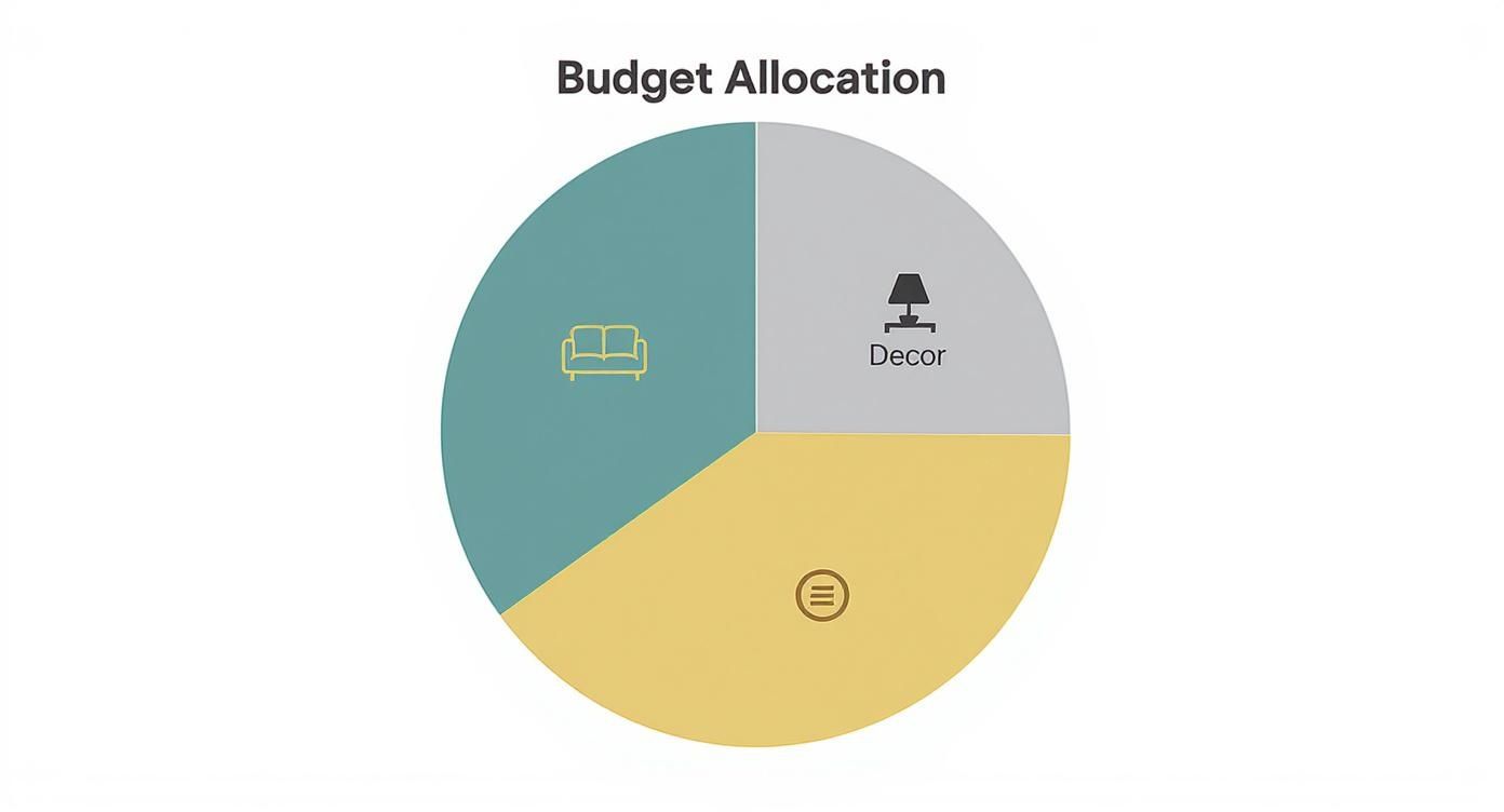 Pie chart showing budget allocation for furniture, decor, and other categories in home decorating