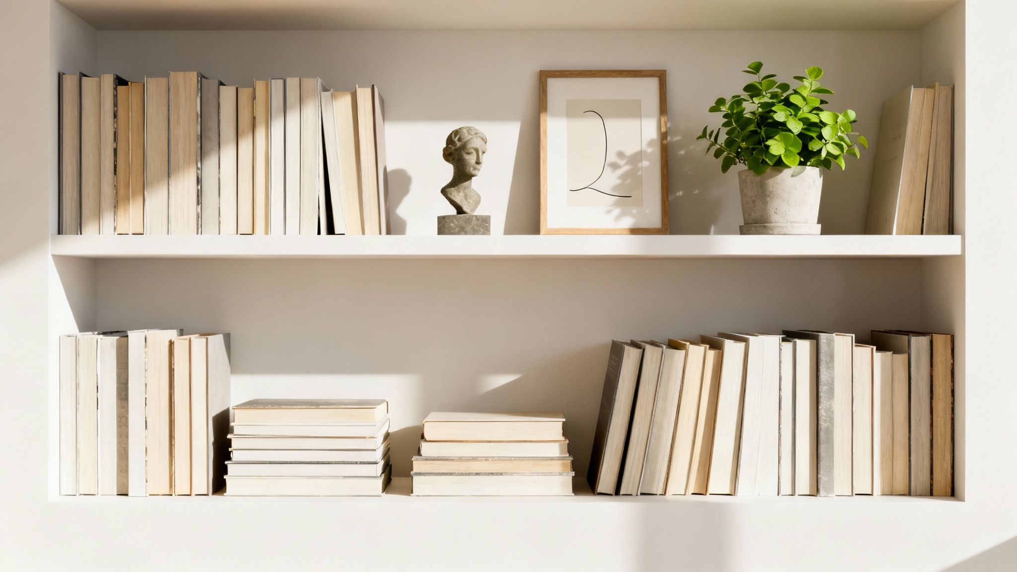 Minimalist white floating shelves displaying neutral books, small bust sculpture, framed art, and potted plant