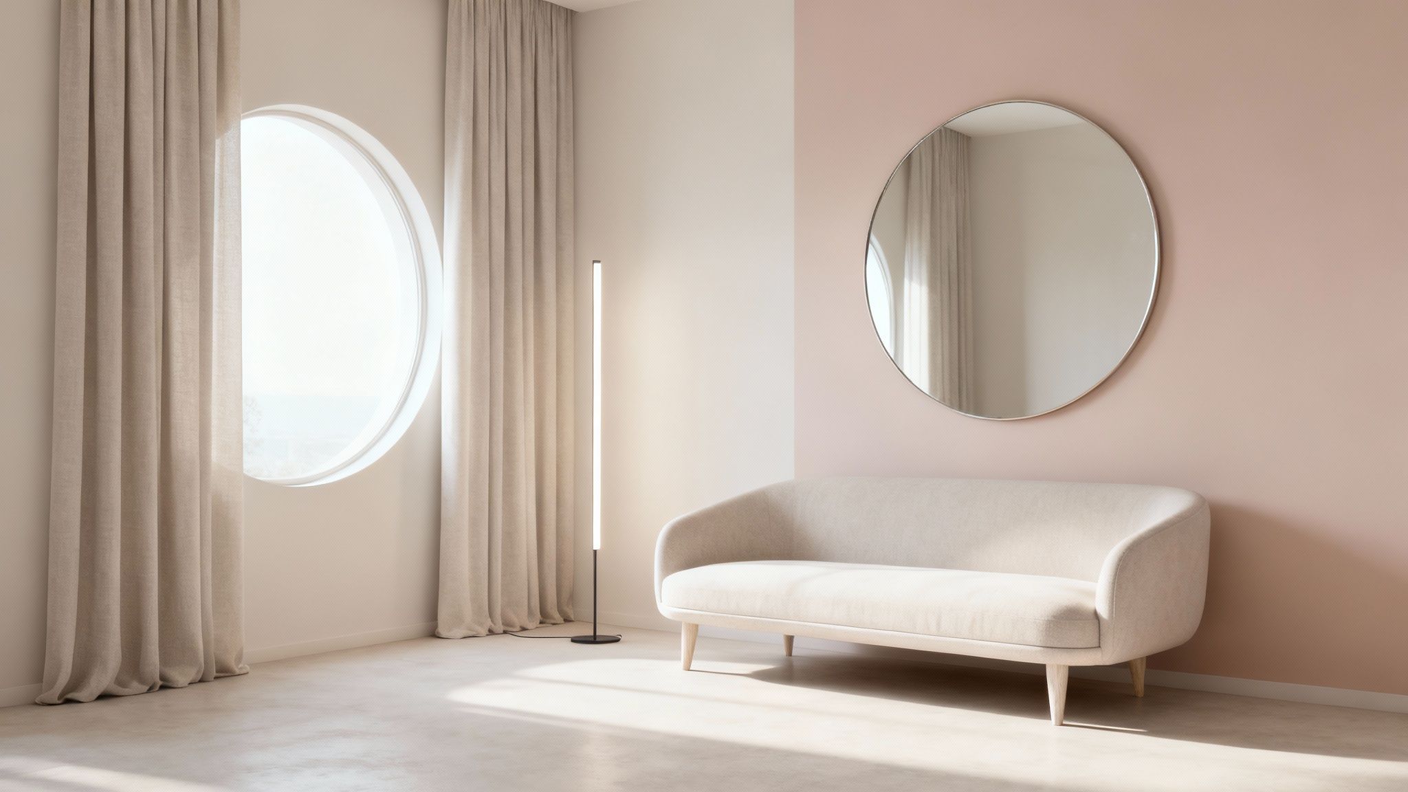 Minimalist beige living room with curved sofa, round mirror, and modern floor lamp