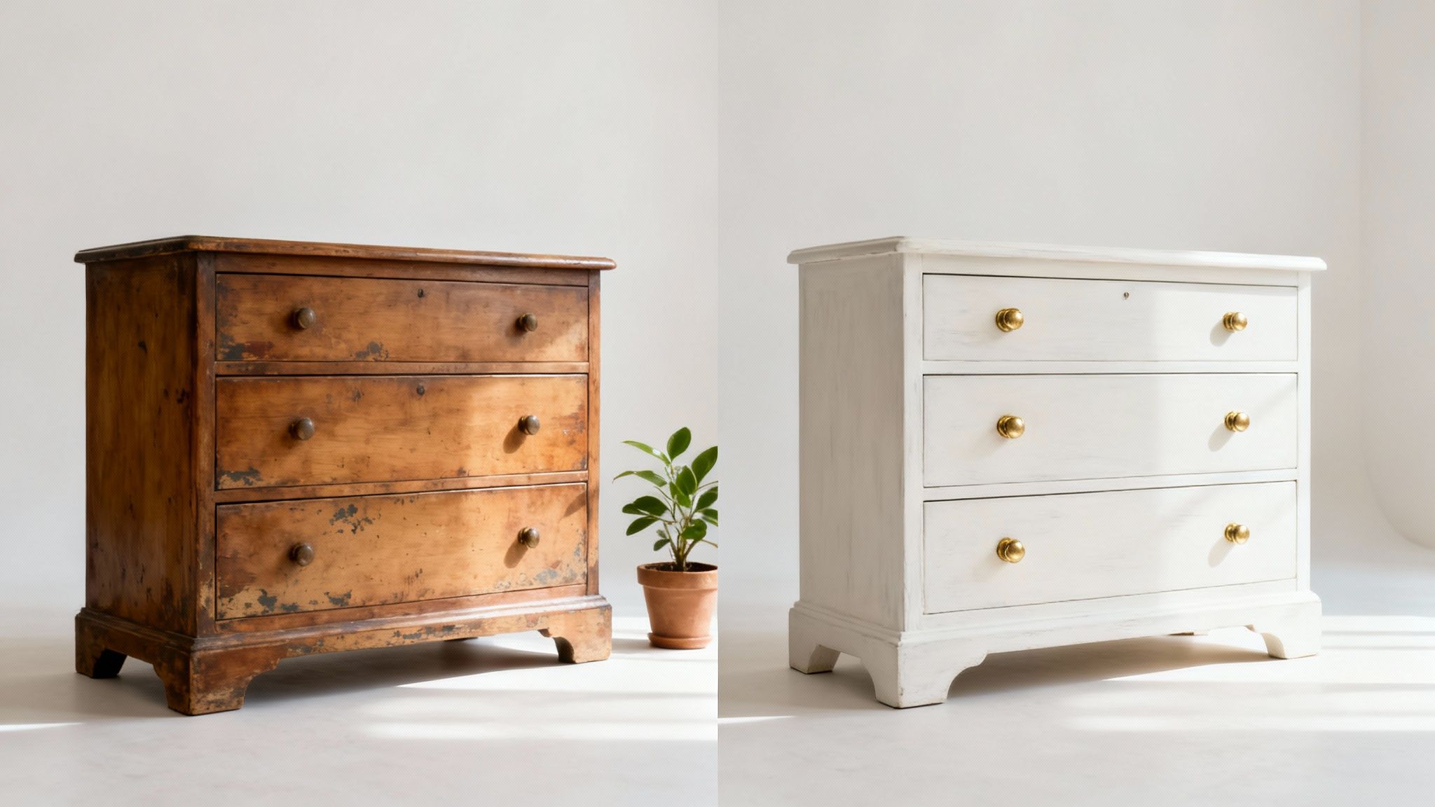 Before and after furniture restoration showing old wooden dresser transformed into white painted dresser