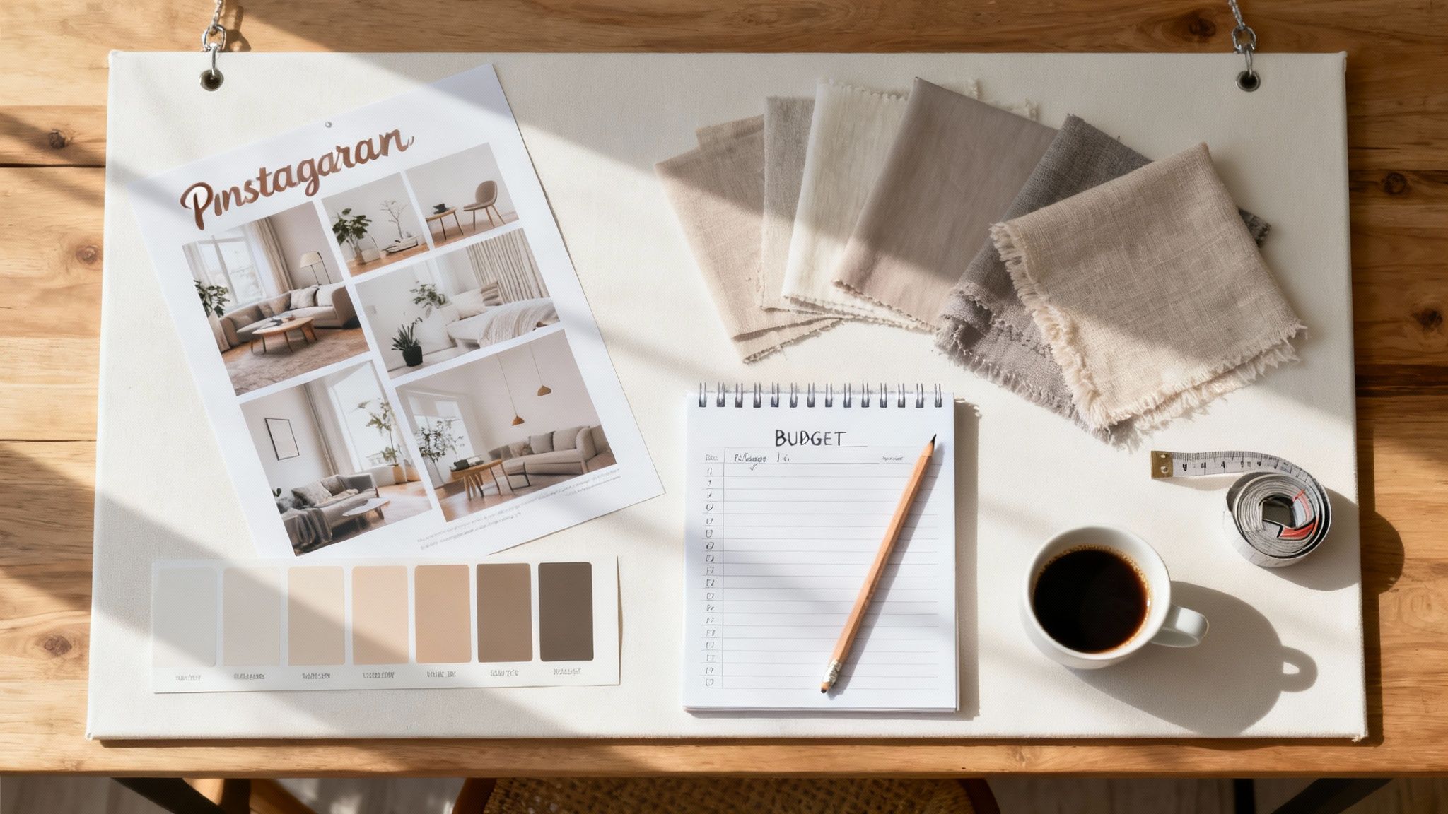 Interior design mood board with fabric swatches, budget notebook, and neutral color palette on white desk