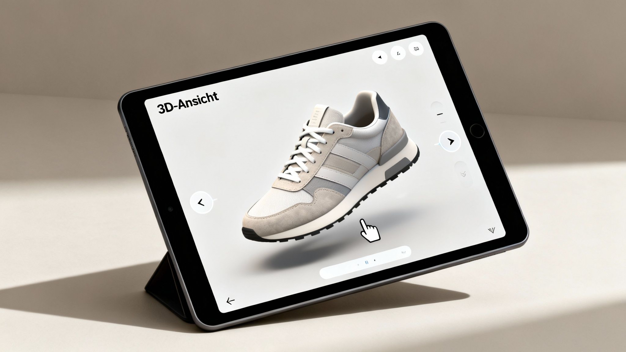 Tablet zeigt 3D-Ansicht eines modernen beigen Sneakers mit interaktiven Bedienelementen und Cursor.