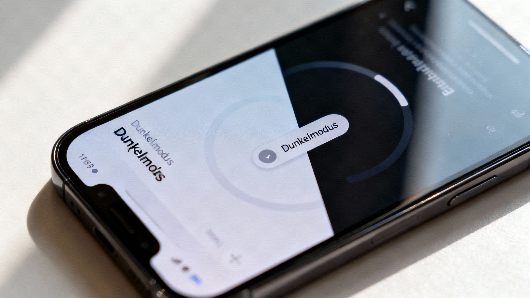 Ein Smartphone zeigt die Benutzeroberfläche des Dunkelmodus mit einem hell-dunkel-Design auf dem Display.
