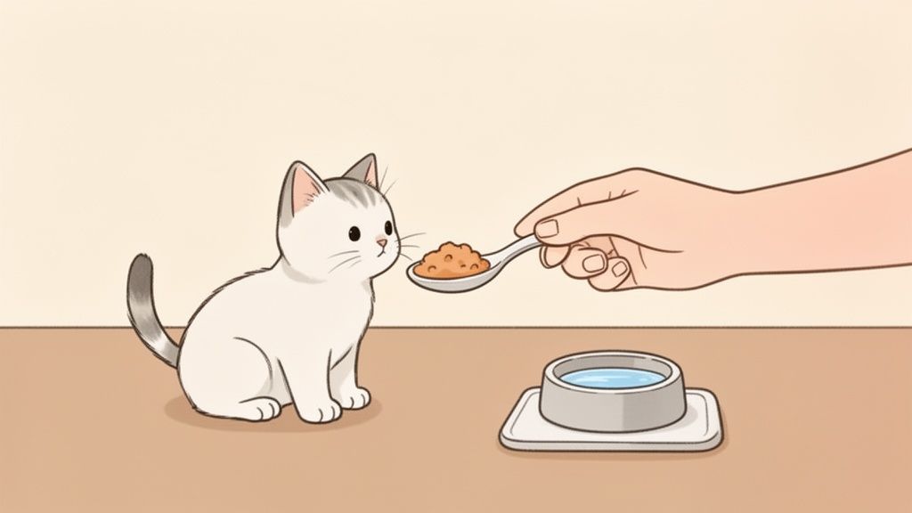 Un simpatico gattino bianco guarda un cucchiaio con cibo, offerto da una mano umana, vicino a una ciotola d'acqua.