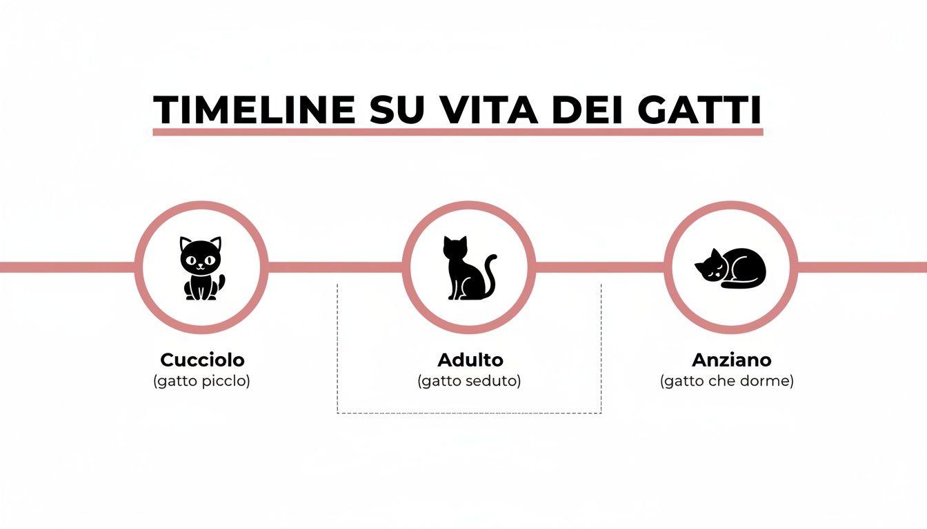 Timeline visiva che illustra le tre fasi principali della vita dei gatti: cucciolo, adulto e anziano, con icone esplicative.