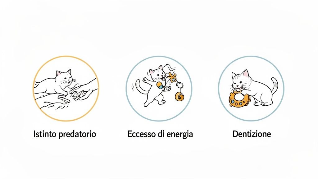 Tre illustrazioni di gattini che mostrano istinto predatorio, eccesso di energia e dentizione.