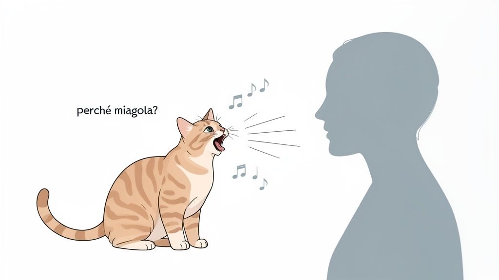 Gatto che miagola verso una sagoma umana, con la domanda 'perché miagola?'