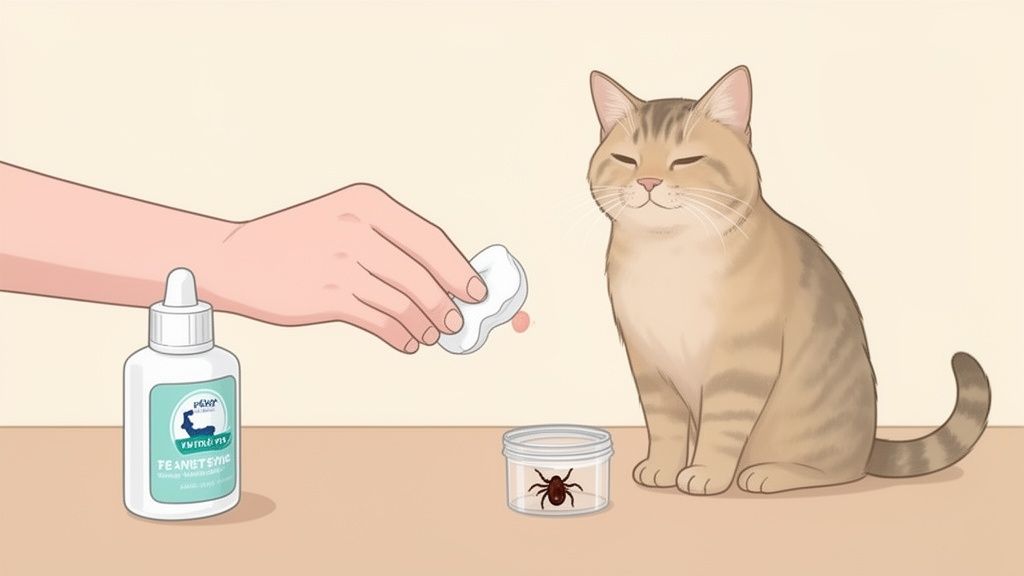 Illustrazione di una mano che applica un prodotto per la rimozione delle zecche su un gatto. Una zecca è visibile in un contenitore.