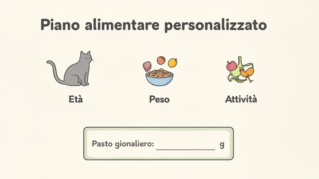 Illustrazione di un piano alimentare personalizzato per gatti, con sezioni per età, peso, attività e quantità di pasto giornaliero.