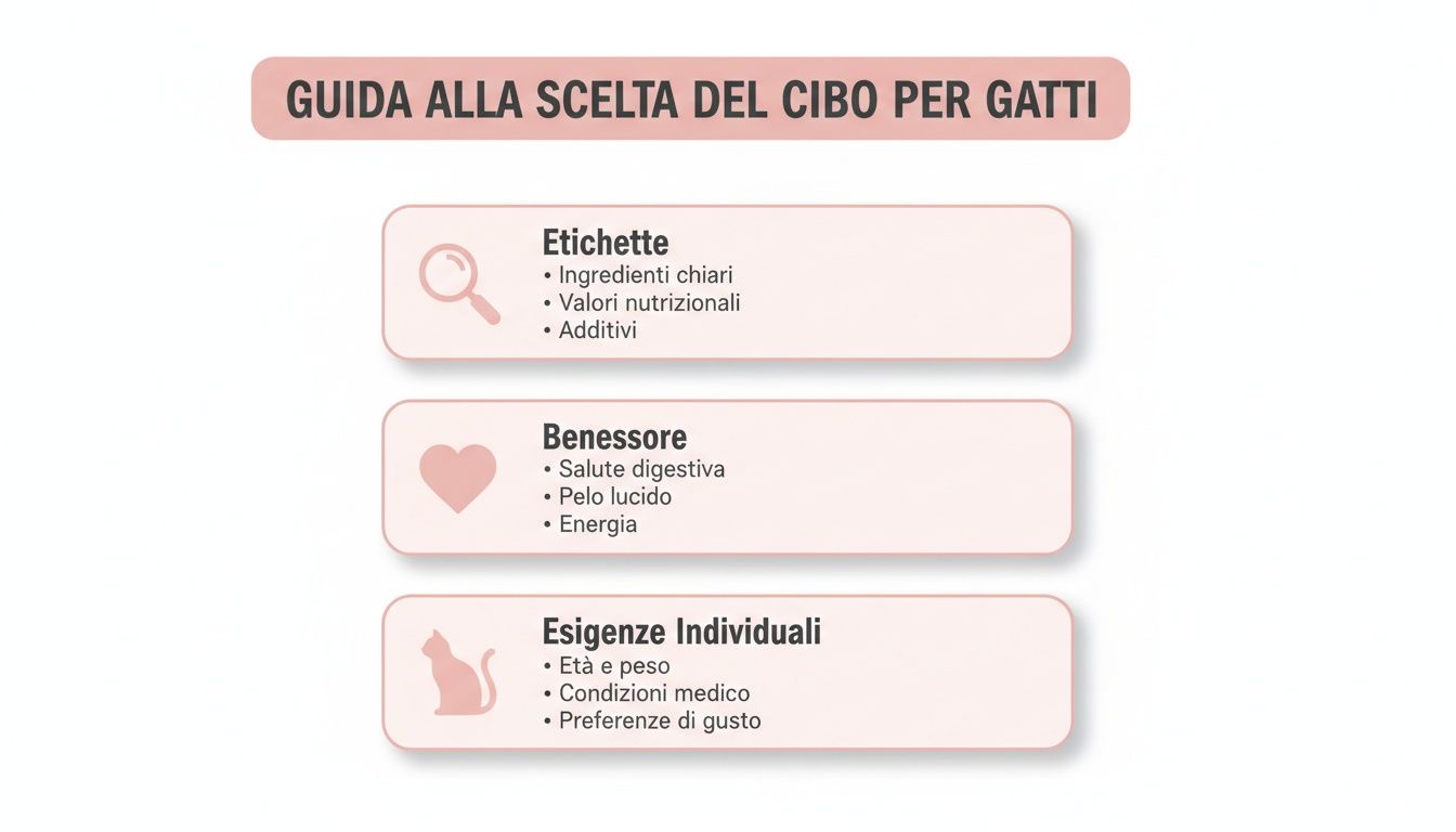 Infografica chiara sulla guida alla scelta del cibo per gatti, basata su etichette, benessere e esigenze individuali.