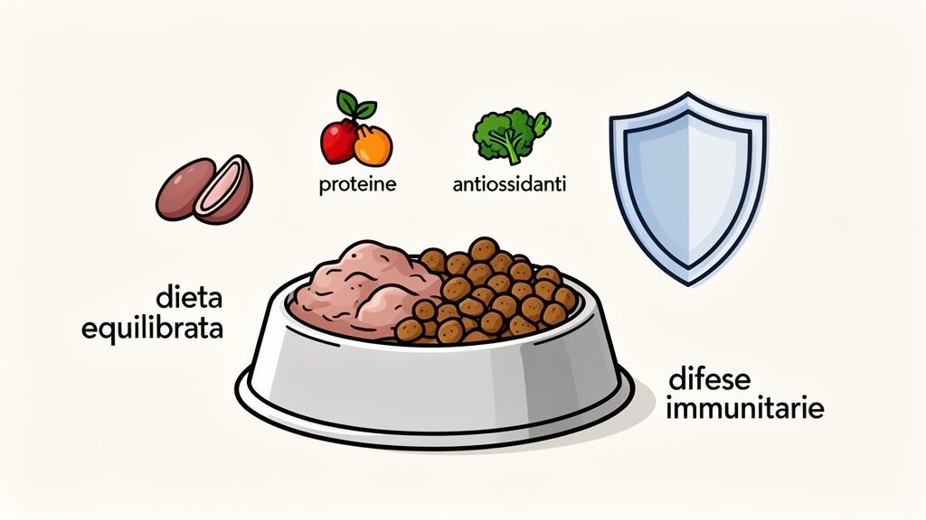 Ciotola di cibo per animali con icone che rappresentano ingredienti (proteine, antiossidanti) e benefici (dieta equilibrata, difese immunitarie).