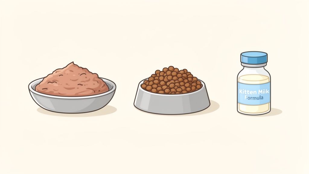 Tre opzioni di cibo per gattini: cibo umido, crocchette e latte artificiale in bottiglia.