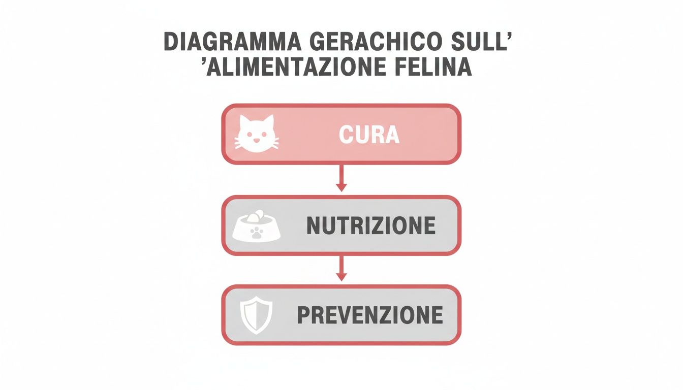 Diagramma gerarchico sull'alimentazione felina che illustra cura, nutrizione e prevenzione per la salute del gatto.