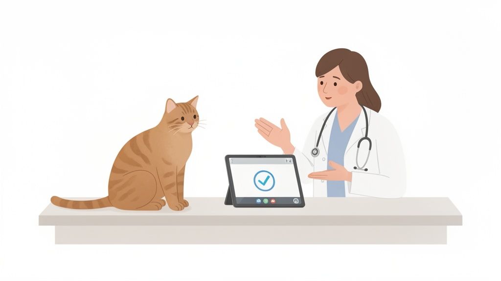 Una veterinaria sorridente interagisce con un gatto tigrato arancione su un tavolo, con un tablet che mostra una spunta.