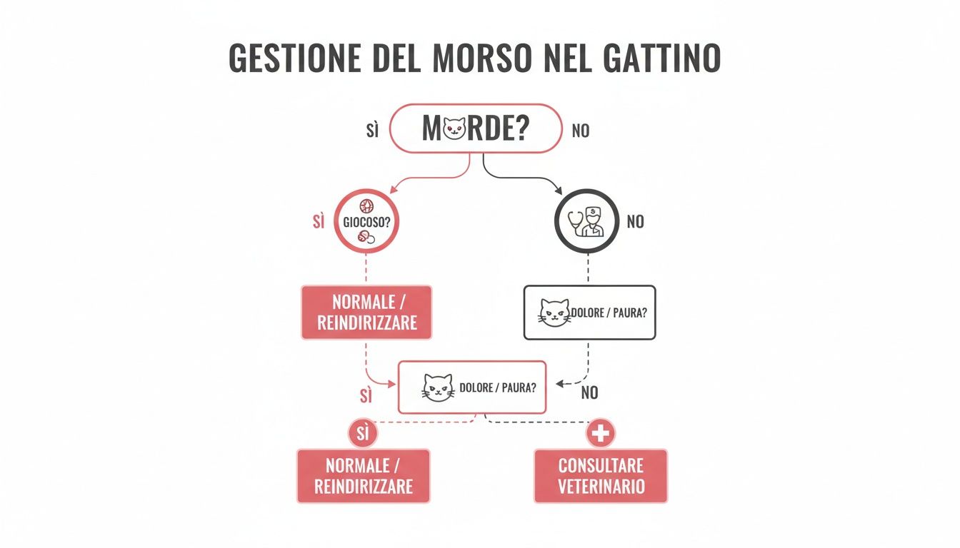 Diagramma di flusso dettagliato per la gestione del comportamento di mordere nei gattini, distinguendo tra gioco, dolore o paura.