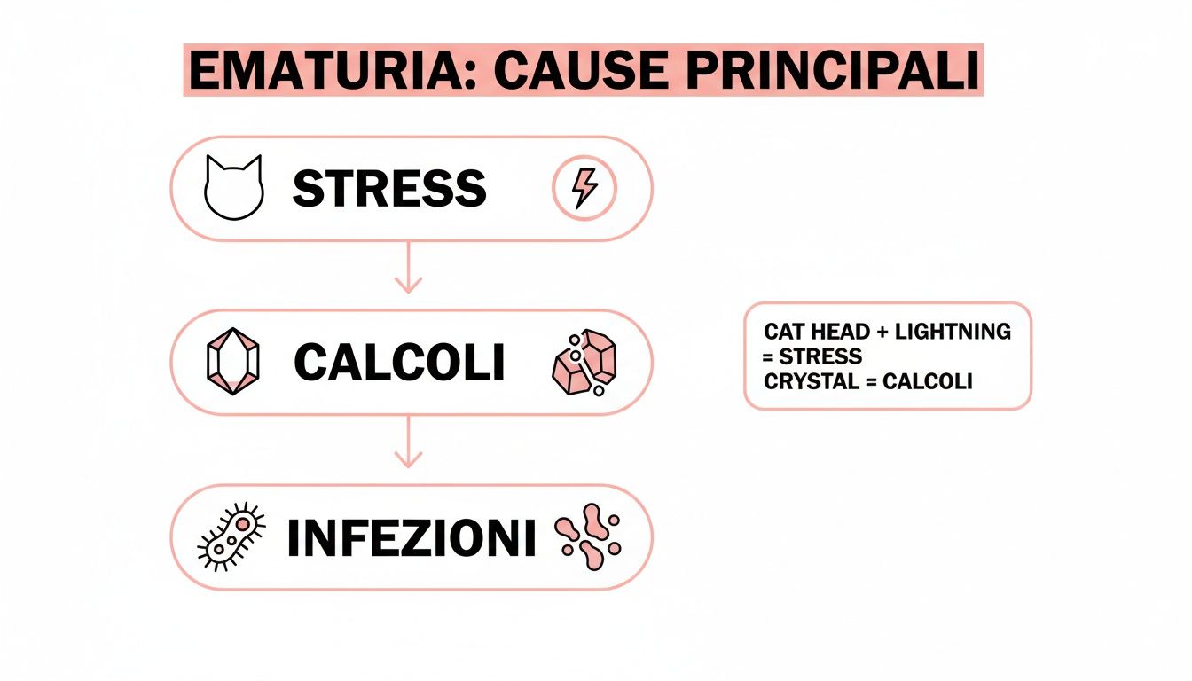Diagramma di flusso che illustra le principali cause di ematuria nel gatto: stress, calcoli e infezioni.
