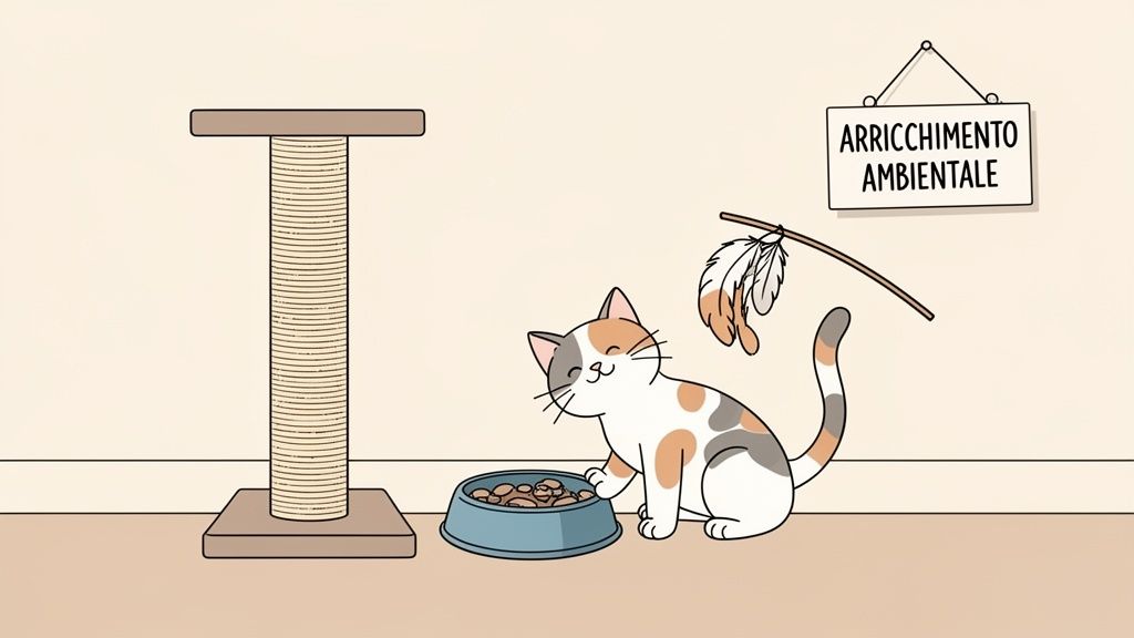 Un gatto calico felice accanto a un tiragraffi, una ciotola di cibo e un giocattolo, con un cartello "Arricchimento Ambientale".