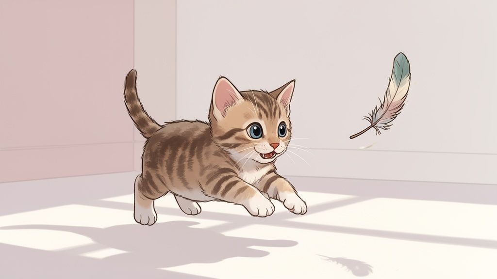 Un adorabile gattino tigrato con occhi blu gioca saltando per afferrare una piuma fluttuante.