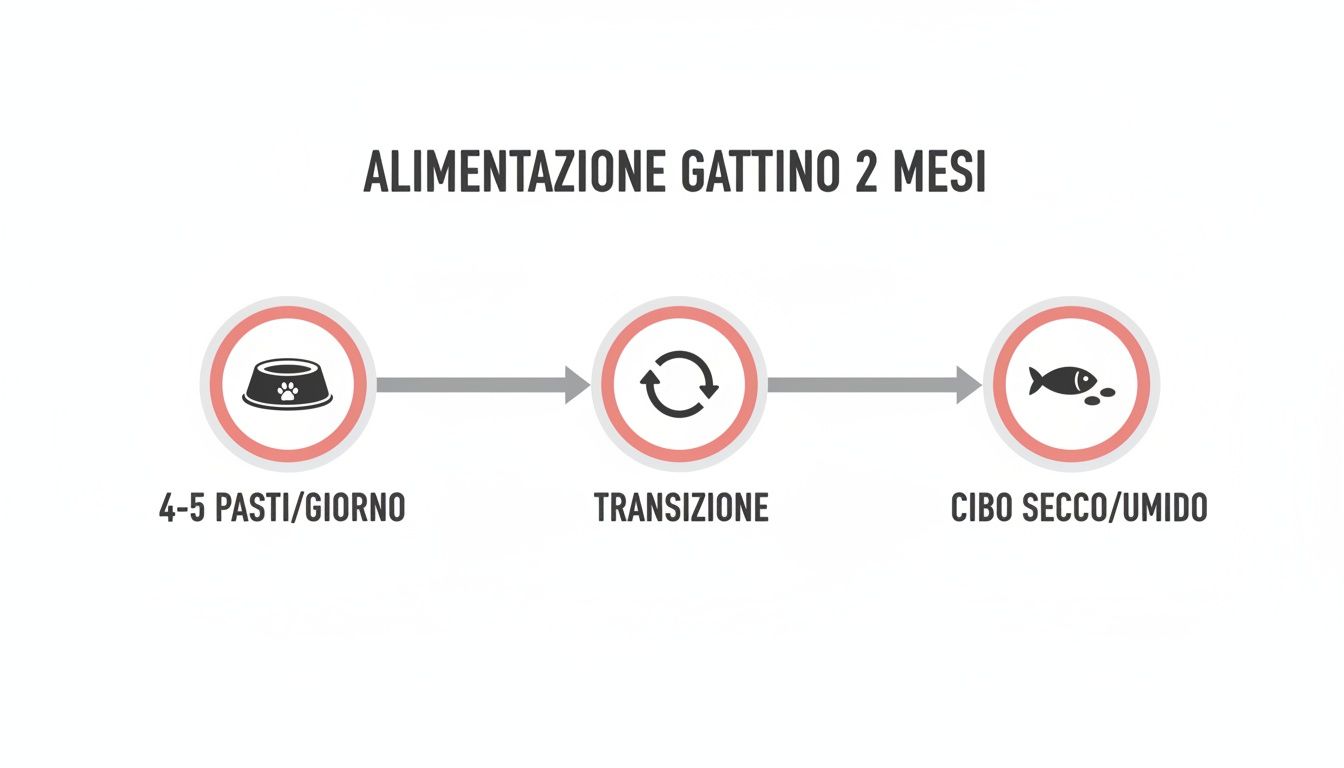 Schema sull'alimentazione dei gattini a 2 mesi: 4-5 pasti al giorno, fase di transizione e cibo secco/umido.