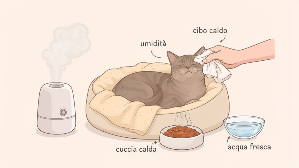 Illustrazione di un gatto malato in una cuccia calda, con umidificatore, cibo caldo, acqua fresca e una mano che lo accarezza.