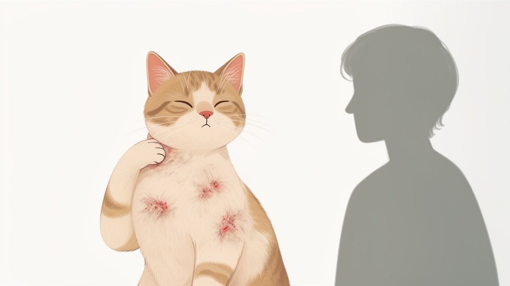 Gatto tigrato con eruzioni cutanee che si gratta, con l'ombra di una persona sullo sfondo.