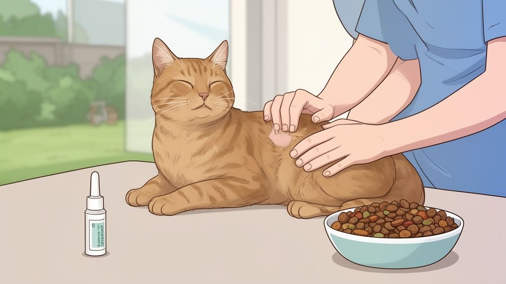 Una persona accarezza un gatto rosso sdraiato, applicando un prodotto sulla sua pelliccia. Vicino ci sono una boccetta di medicina e una ciotola di cibo.