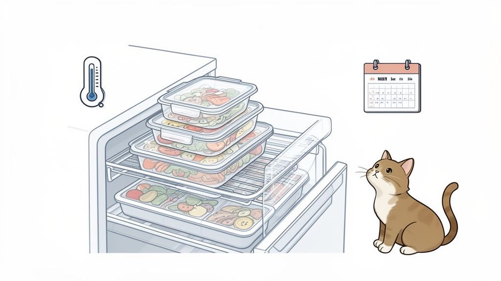 Un frigorifero aperto con contenitori di cibo preparato, un termometro, un calendario e un gatto marrone.