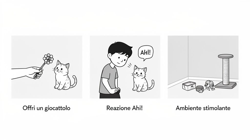 Immagini che illustrano l'interazione con un gattino, la sua reazione e un ambiente stimolante.