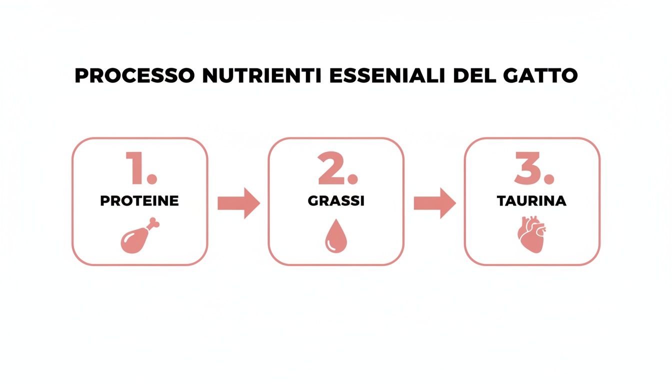 Diagramma che illustra i 3 nutrienti essenziali per i gatti: proteine (coscia di pollo), grassi (goccia) e taurina (cuore).