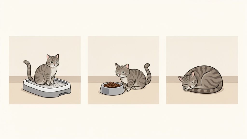Tre vignette illustrano la routine quotidiana di un gatto: usa la lettiera, mangia e dorme pacificamente.