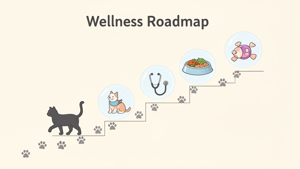 Un gatto nero sale una scala di impronte verso tappe di benessere: cucciolo, veterinario, cibo, gioco.