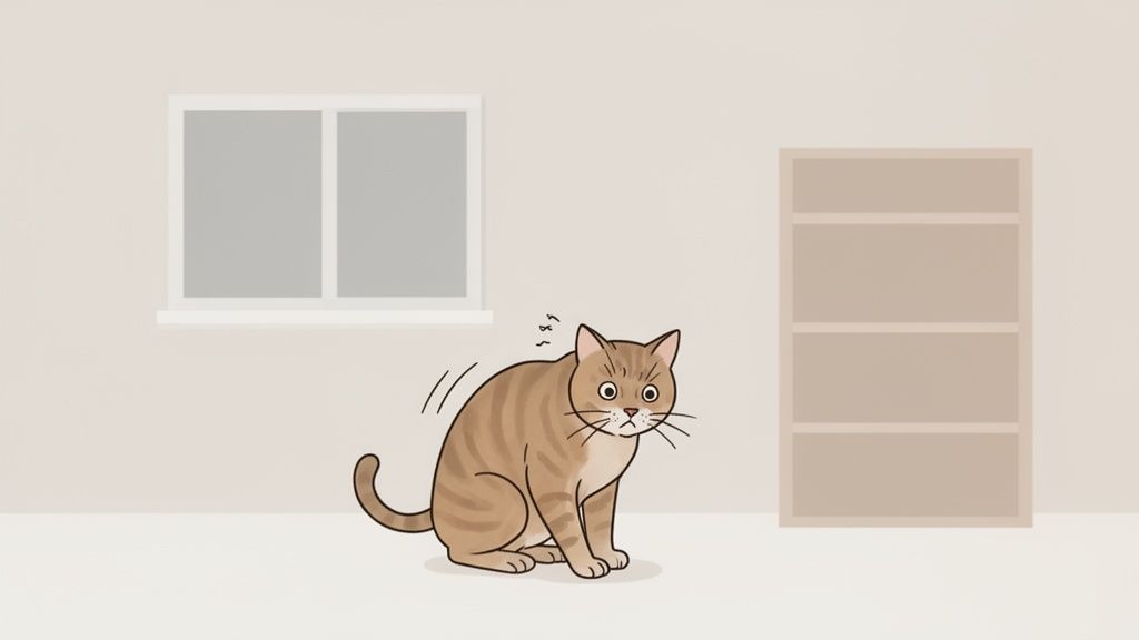 Un gatto tabby marrone chiaro, con gli occhi spalancati e spaventato, seduto in una stanza.