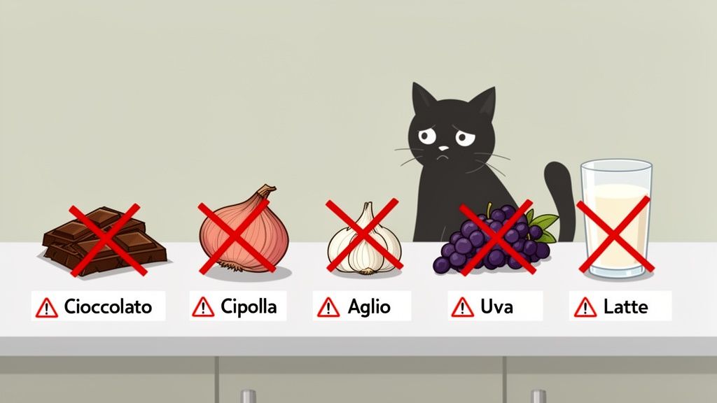 Un gatto triste osserva cioccolato, cipolla, aglio, uva e latte, tutti sbarrati come alimenti pericolosi.
