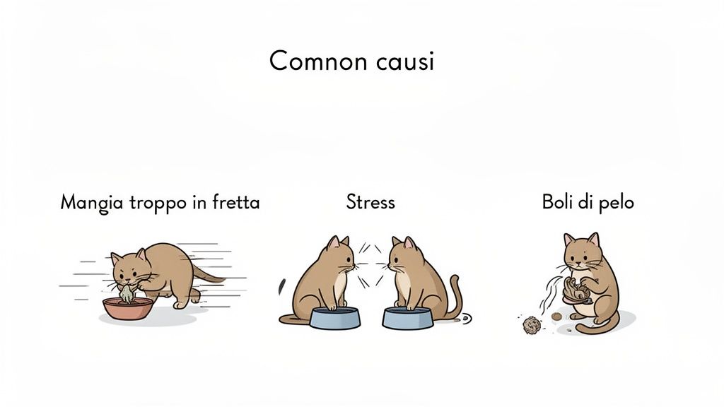 Illustrazione delle cause comuni del rigurgito nei gatti: mangiare velocemente, stress e boli di pelo.