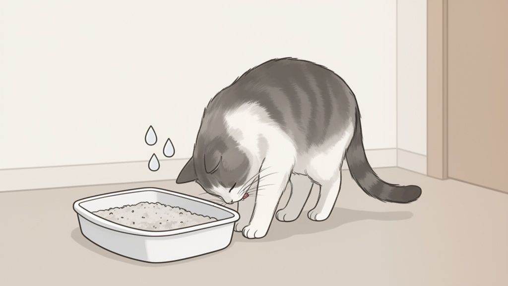 Un gatto si china sulla lettiera, con gocce di sudore, suggerendo disagio o problema di salute.