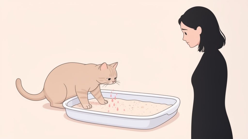 Una persona osserva tristemente un gatto che urina sangue nella lettiera, indicando un problema di salute.