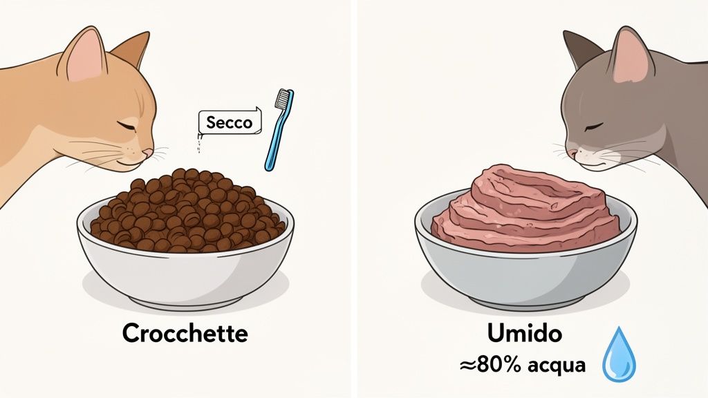Due gatti che annusano ciotole di cibo: crocchette secche e umido con l'80% di acqua.