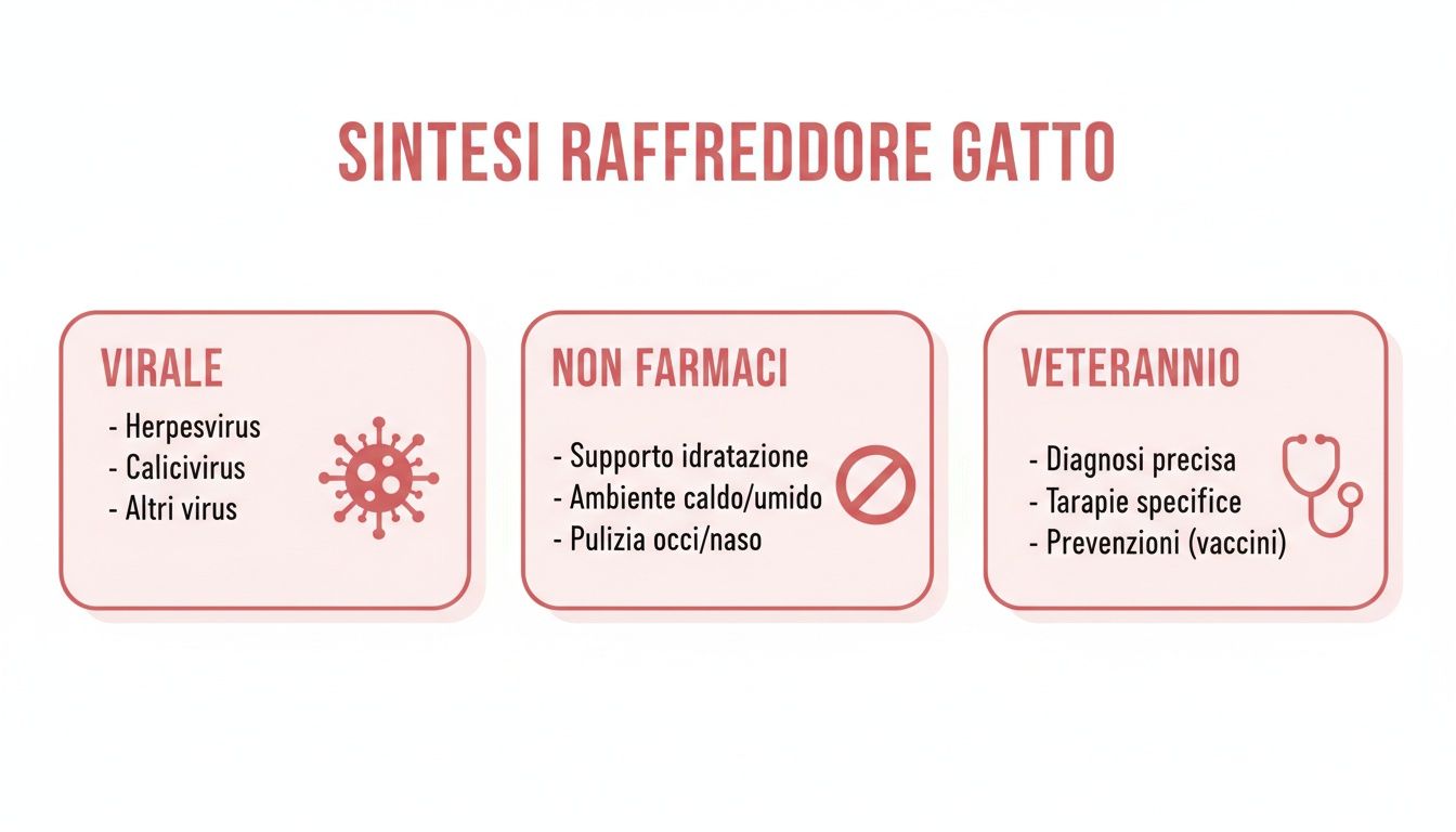 Infografica sulla sintesi del raffreddore del gatto, mostra cause virali, rimedi non farmacologici e il ruolo del veterinario.