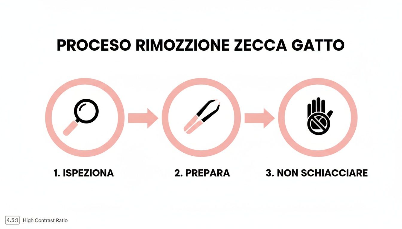 Illustrazione del processo di rimozione di una zecca dal gatto: ispeziona, prepara e non schiacciare.