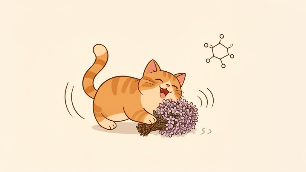 Gatto sorridente e paffuto che annusa felice un mazzo di fiori viola, con una struttura chimica nell'aria.