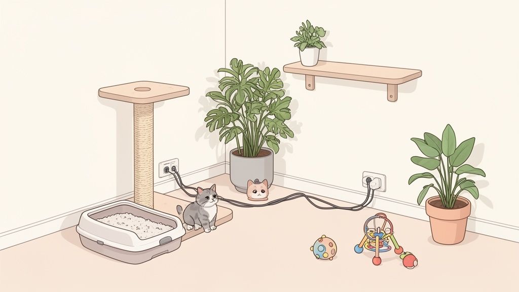 Stanza minimalista per gatti con tiragraffi, lettiera, piante verdi, ciotola per gatti e un gatto.