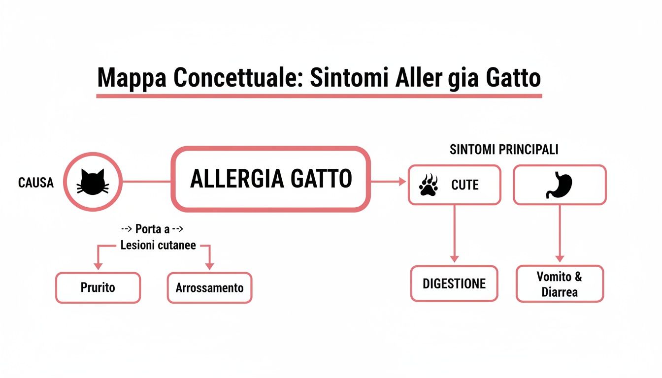 Mappa concettuale dettagliata sui sintomi dell'allergia al gatto, inclusi prurito, arrossamento cutaneo, vomito e diarrea.