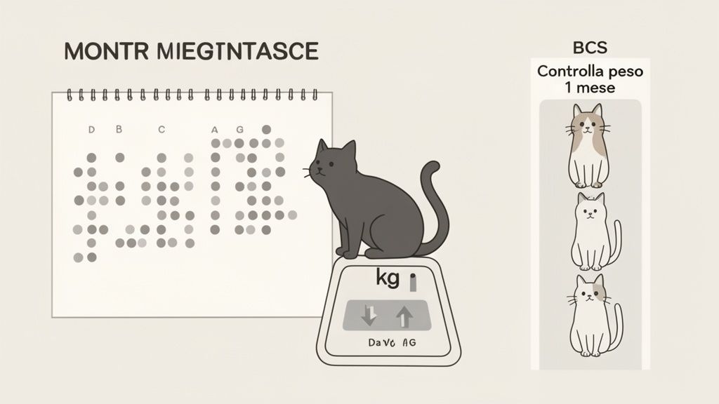 Illustrazione di un gatto su una bilancia, con una tabella per dosi di cibo e pannello BCS per il controllo del peso mensile.