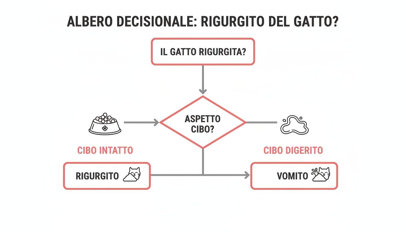 Diagramma di flusso decisionale che distingue il rigurgito dal vomito nel gatto in base all'aspetto del cibo espulso.