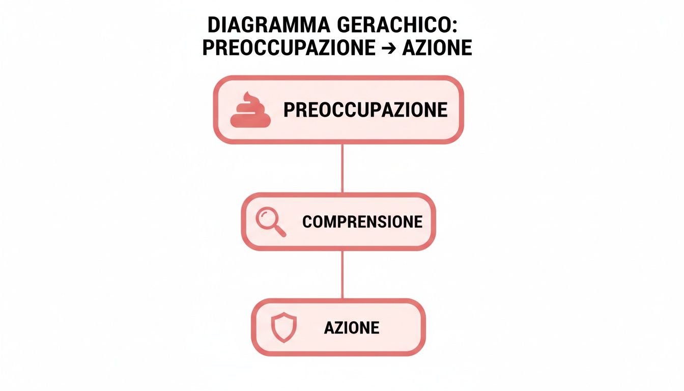 Diagramma gerarchico che illustra il percorso dalla preoccupazione all'azione, passando per la comprensione, con icone esplicative.