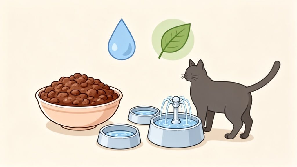Illustrazione di un gatto grigio con ciotole di cibo e acqua, inclusa una fontanella per l'idratazione.