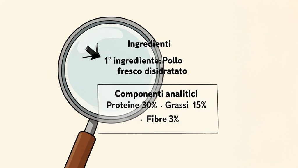 Lente d'ingrandimento che evidenzia gli ingredienti e i componenti analitici del cibo per animali, mostrando pollo disidratato e valori nutrizionali.
